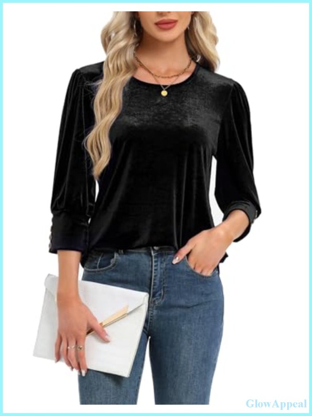 Womens Velvet Blouse 3/4 Sleeve Round Neck Dressy Casual Top